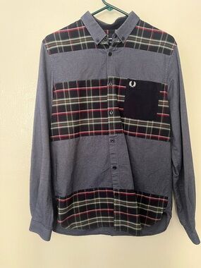 Fred Perry Men's Blue Plaid tartan chambray Patchwork Button-Down Shirt